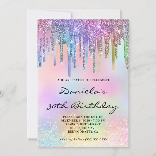 Holo Glitter Regenbogen-Tropfen 30. Geburtstag Einladung (Vorderseite)