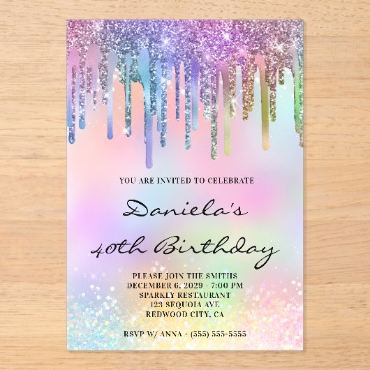Holo Glitter Regenbogen-Tropfen 40. Geburtstag Acryleinladungen (Vorderseite)