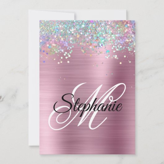 Holo Glitzer Girly Pink Foil Extravagant Monogram Einladung (Rückseite)