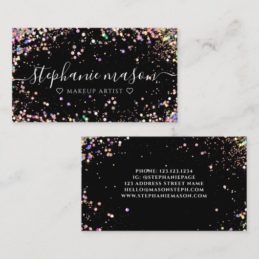 Holo Glitzer Makeup Artist Black Business Card Telefonnummerkarte (Vorne/Hinten)