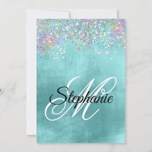 Holo Glitzer Pale Aqua Blue Foil Extravagante Mono Einladung (Rückseite)