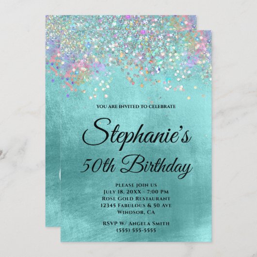 Holo Glitzer Pale Aqua Blue Foil Extravagante Mono Einladung (Vorne/Hinten)