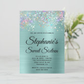Holo Glitzer Pale Turquoise Fossilien 16 . Geburts Einladung (Stehend Vorderseite)