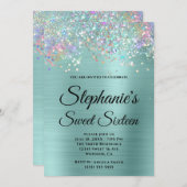 Holo Glitzer Pale Turquoise Fossilien 16 . Geburts Einladung (Vorne/Hinten)