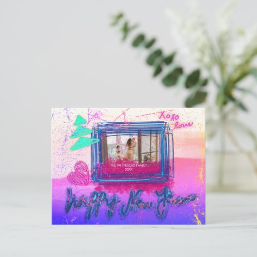 Holografie Glow Glitzer Frame Foto Happy Neujahr Postkarte (Stehend Vorderseite)