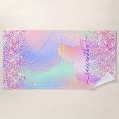 Holografin mit lila Namen in Rosa Strandtuch (Vorderseite)