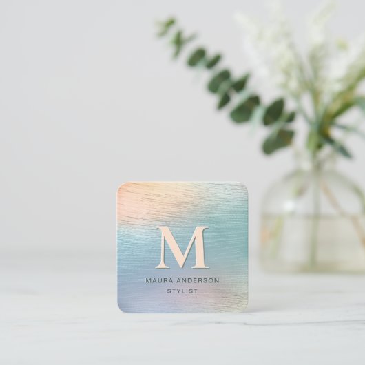 Holografisch gebürstetes Aquamarin modernes Monogr Quadratische Visitenkarte (Stehend Vorderseite)