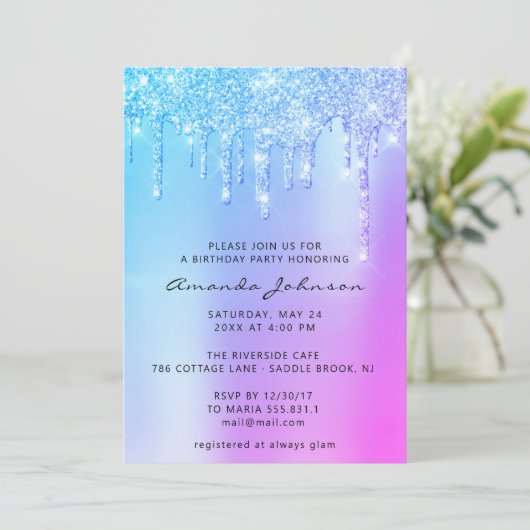 Holografisch rosa Blauer Glitzer Effekt Tropfen Ge Einladung (Stehend Vorderseite)