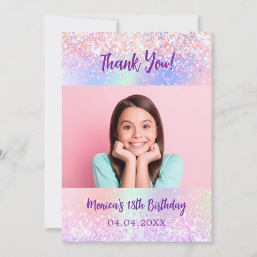 Holografisch rosa Foto Geburtstag danke Karte (Vorderseite)