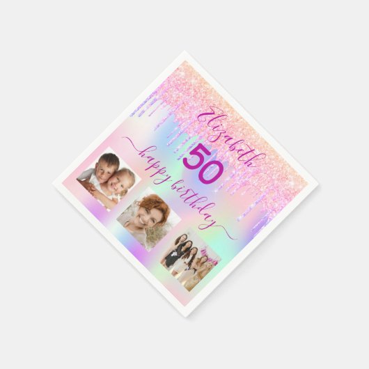 Holografisch rosa Foto Glitzer Geburtstag Serviette (Ecke)