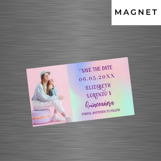 Holografisch rosa Foto Quinceanera Save the Date Magnetkarte