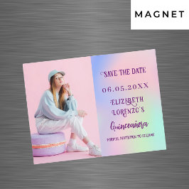 Holografisch rosa Foto Quinceanera Save the Date Magnetkarte
