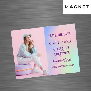 Holografisch rosa Foto Quinceanera Save the Date Magnetkarte