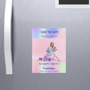 Holografisch rosa Foto Quinceanera Save the Date Magnetkarte