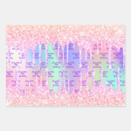 Holografisch rosa Glitzer Tropfen Geschenkpapier Set (Vorderseite)
