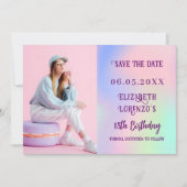 Holografisch rosa lila Foto Geburtstag Save The Date (Vorderseite)
