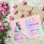 Holografisch rosa lila Foto Quinceanera Save The Date<br><div class="desc">Ein modernes und elegantes Save the Date für eine Quinceañera. Holografischer,  rosa,  lila,  minzgrüner Hintergrund. Personalisieren und hinzufügen eines Fotos,  Datums und Namens.</div>