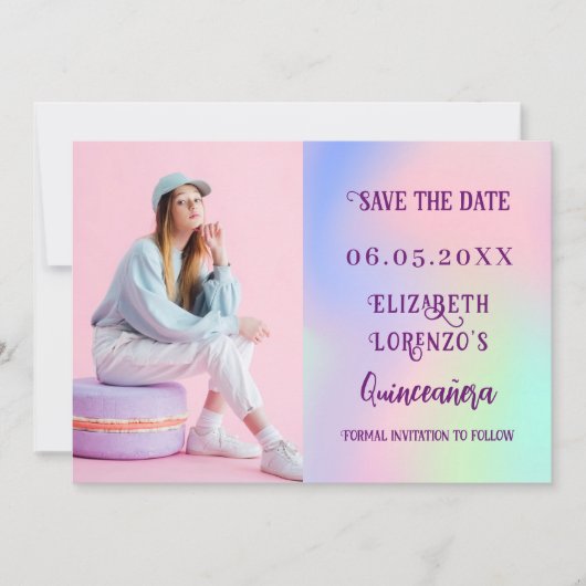 Holografisch rosa lila Foto-Skript Quinceanera Save The Date (Vorderseite)