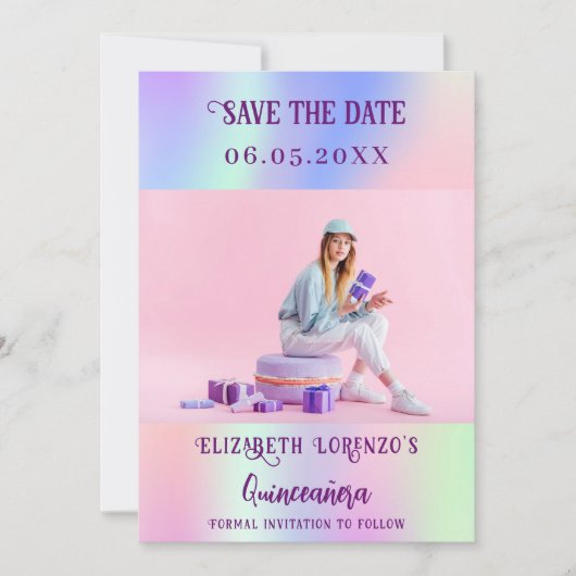 Holografisch rosa lila Foto-Skript Quinceanera Save The Date (Vorderseite)