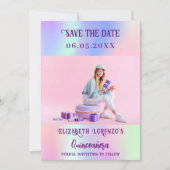 Holografisch rosa lila Foto-Skript Quinceanera Save The Date (Vorderseite)