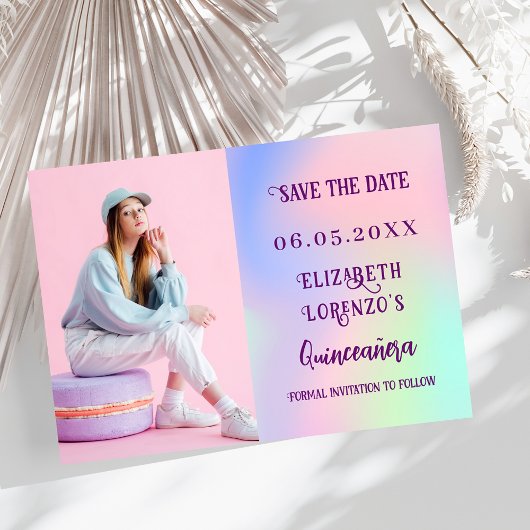 Holografisch rosa lila Foto-Skript Quinceanera Save The Date