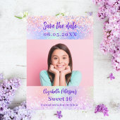 Holografisch rosa lila Foto Sweet 16 Save The Date