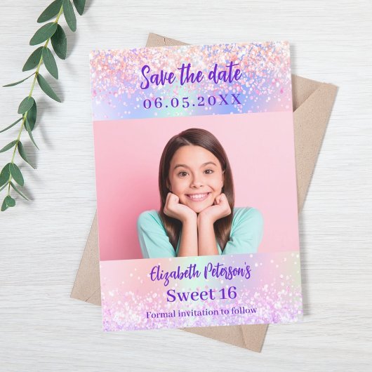Holografisch rosa lila Foto Sweet 16 Save The Date