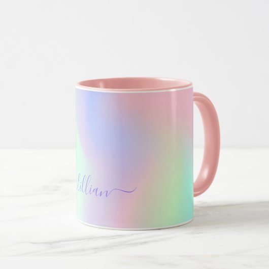 Holografisch rosa lila-grüne Namensschrift Tasse (VorderseiteRechts)