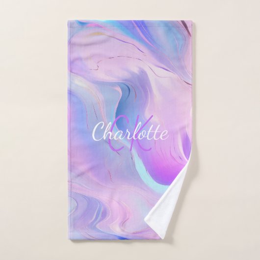 Holografisch rosa lila Monogramm-Initialen Badhandtuch Set (Handtuch)