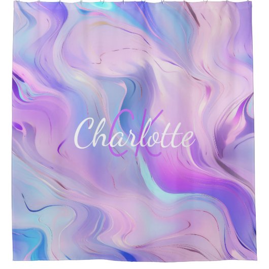 Holografisch rosa lila Monogramm-Initialen Duschvorhang (Vorderseite)