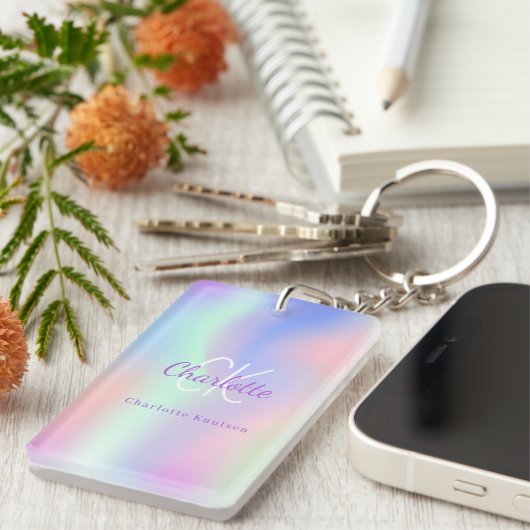 Holografisch rosa lila Monogrammbezeichnung Schlüsselanhänger (Vorderseite rechts)