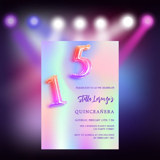 Holografisch rosa lila Quinceanera Einladung