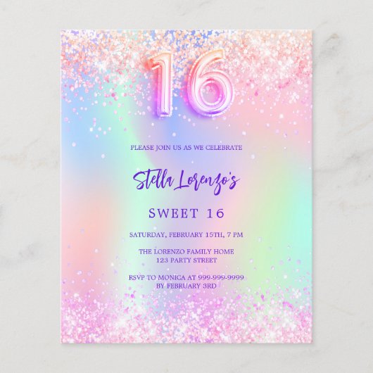 Holografisch rosa lila Sweet 16 - Aufforderung zur (Vorderseite)