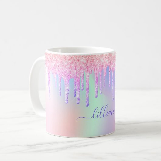 Holografische Einhorn-Glitzer-Tropfen Regenbogenmo Kaffeetasse (Vorderseite Links)