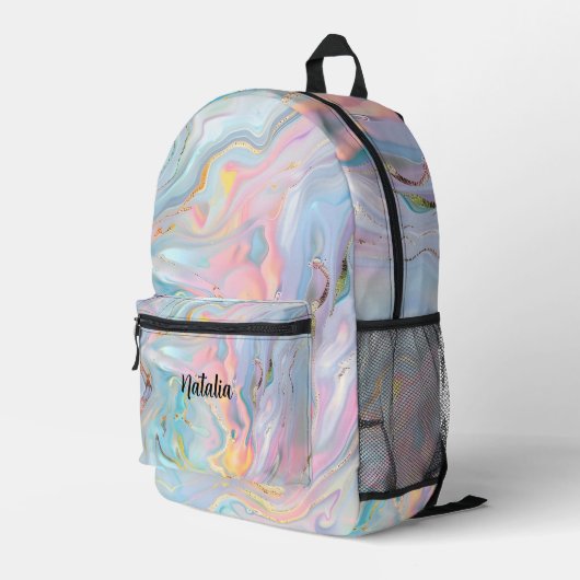 Holografische Iridescent Opal-Marmormädchen Bedruckter Rucksack (Rückseitige Ecke Rechts)
