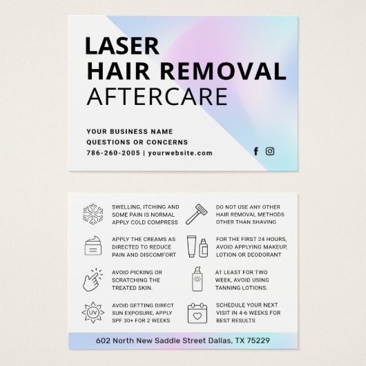 Holografische Laser-Haarentfernung Aftercare-Karte (Vorne & Hinten)