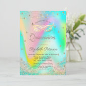 Holografische Maske, Lichter, Spitzen, Sterne Quin Einladung (Stehend Vorderseite)