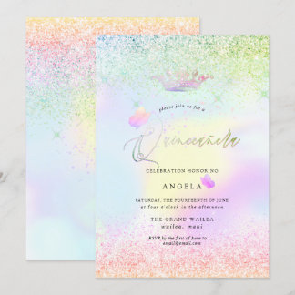 Holografische Quinceanera Pink Butterfells+Glitzer Einladung