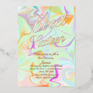 Holografische Sweet Sixteen Liquid Gold geprägt Folieneinladung