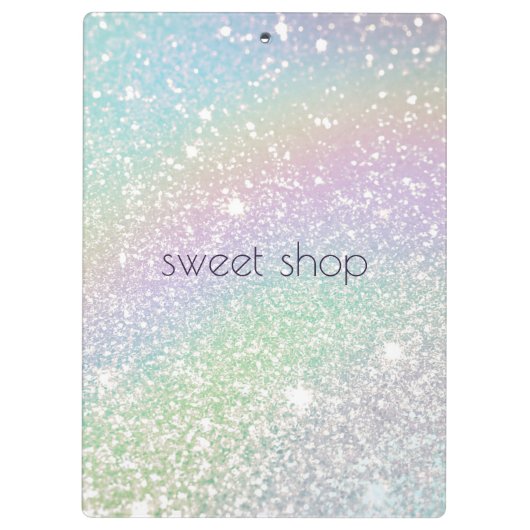 Holografischer Glitzer Bäckerei, Süßigkeiten Perso Klemmbrett (Rückseite)