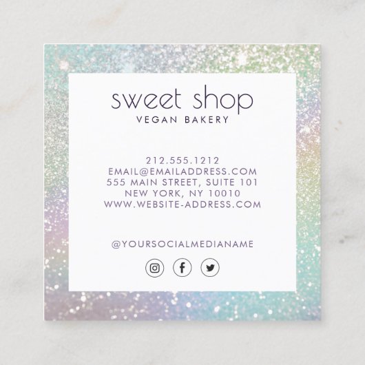 Holografischer Glitzer Bäckerei, Süßigkeiten Quadratische Visitenkarte (Rückseite)