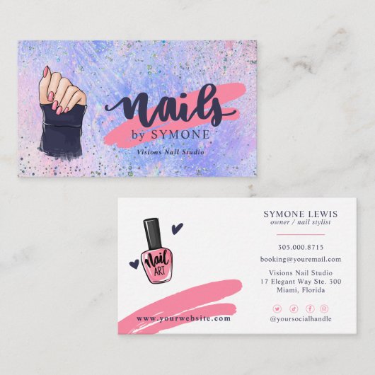 Holografischer Glitzer für Nageltechniker Rosa und Visitenkarte (Vorne/Hinten)