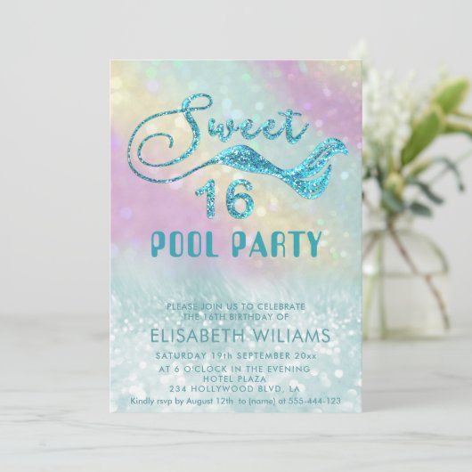 Holografischer Glitzer Meerjungfrau Schwanz Pool P Einladung (Stehend Vorderseite)