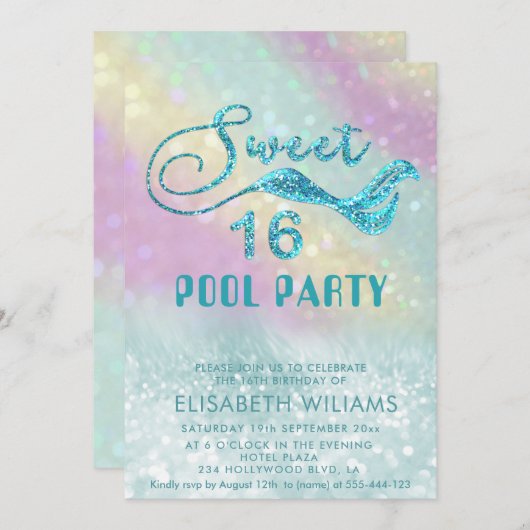 Holografischer Glitzer Meerjungfrau Schwanz Pool P Einladung (Vorne/Hinten)