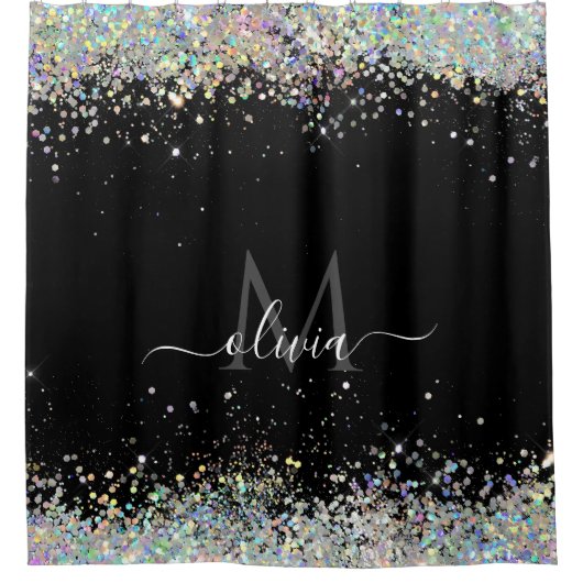 Holografischer Glitzer Monogram Black Duschvorhang (Vorderseite)
