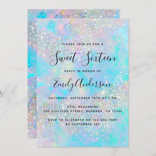 Holografischer Glitzer Opal Iridescent 16 . Geburt Einladung (Vorne/Hinten)