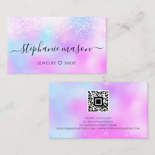 Holografischer Glitzer Pastel QR Code Girly Telefonnummerkarte (Vorne/Hinten)