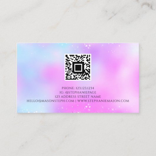 Holografischer Glitzer Pastel QR Code Girly Telefonnummerkarte (Rückseite)