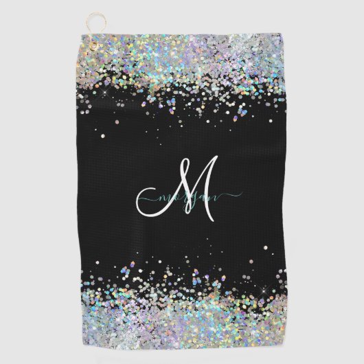 Holografischer Glitzer Rainbow Pastors Monogram Golfhandtuch (Vorderseite)