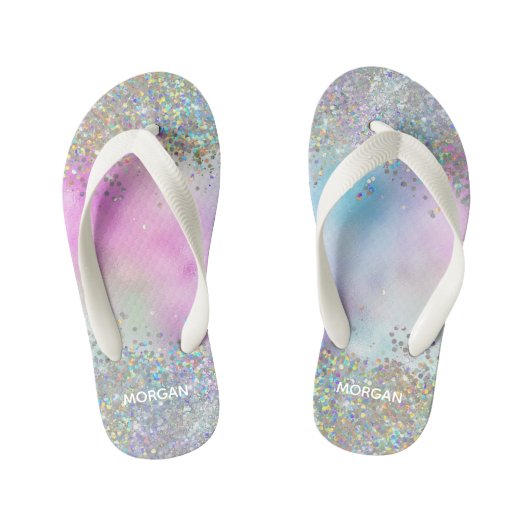 Holografischer Glitzer Rainbow Pastors Monogram Kinderbadesandalen (Fußbett)